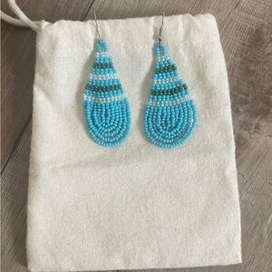 NEW Handmade African Beaded Earrings - Turquoise Blue Green Silver | Tear drop